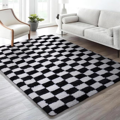 Ophanie Checkered Black & White Rug for Living Room Bedroom, Fluffy Soft Cute Fuzzy Area Rugs, Shag Plush Shaggy Bedside Floor 6x9 Furry Carpet for Kids Baby Teen Dorm Nursery Home Decor Aesthetic