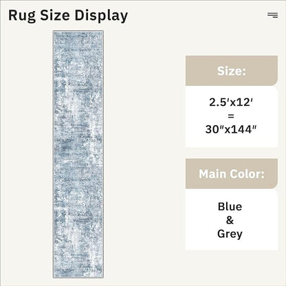 Runner Rug 2'6" x 12' Washable Non-Slip 2.5x12 ft Long Runner Rugs for Kitchen Bathroom Laundry Room Vintage Ultra Thin Runners for Hallway Entryway Blue/Grey