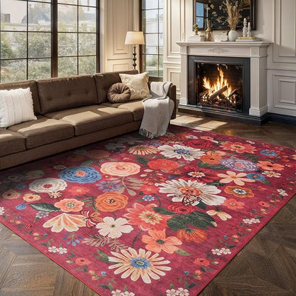 Washable Area Rug 8x10, Large Soft Rugs for Living Room Floral Red Carpet 8x10 Area Rugs for Bedroom Dining Room Non-Slip Stain Resistant Under Table Rug (8 x 10, Red Garden)