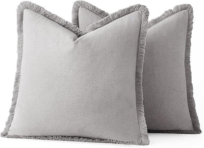 MIULEE Decorative Throw Pillow Covers Neutral Linen Fringe Throw Pillows Euro Shams Set of 2 Light Grey Boho Farmhouse Cushion Covers for Couch Sofa Bed Living Room Spring Home Decor 24x24 Inch