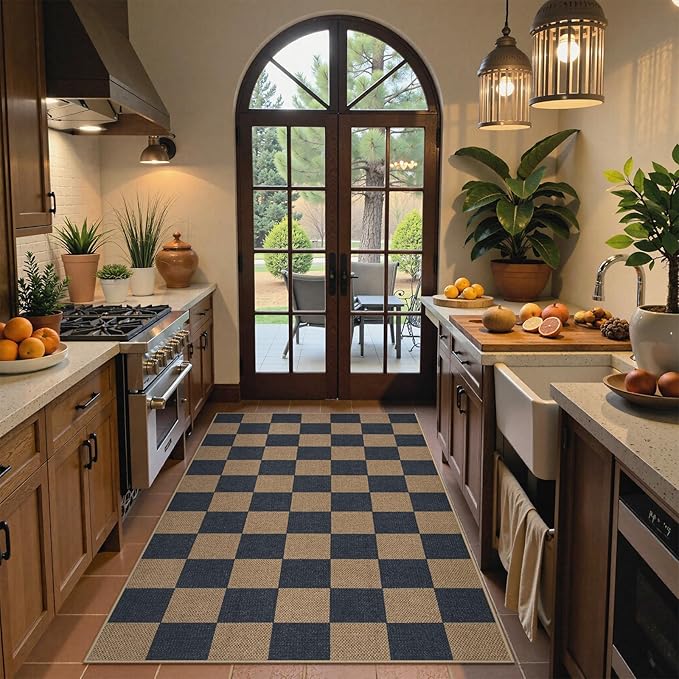 Lahome Colette Checkered Easy Jute Indoor Outdoor Carpet, 3x5 Washable Rugs for Entryway Living Room Farmhouse Area Rug, Non Slip Blue Checkerboard Indoor Door Mat for Entry Patio Deck