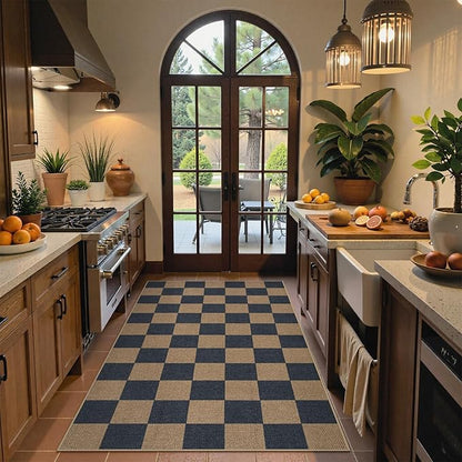 Lahome Colette Checkered Easy Jute Indoor Outdoor Carpet, 3x5 Washable Rugs for Entryway Living Room Farmhouse Area Rug, Non Slip Blue Checkerboard Indoor Door Mat for Entry Patio Deck