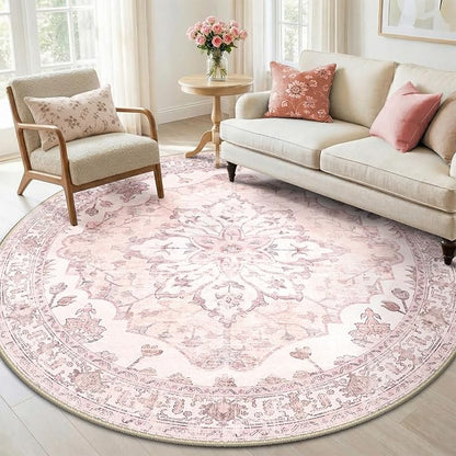 RELEANY Area Rugs 6ft Washable Non-Slip, Floral Vintage Distress Print Pattern Medallion Carpet for Living Room Bedroom Dining Room, Pink Greypink Cute