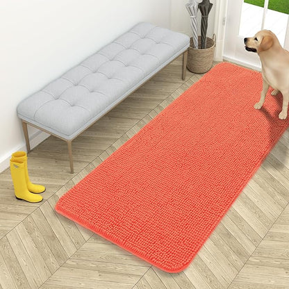 OLANLY Dog Door Mat for Muddy Paws 54x24, Absorbs Moisture and Dirt, Absorbent Non-Slip Washable Doormat, Quick Dry Chenille Mud Mat for Dogs, Entry Indoor Entryway Carpet for Inside Floor, Coral