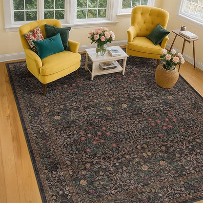 Dark Brown Washable Area Rug for Living Room - 6x9 Oriental Area Rug for Dining Room Under Table, Low Pile Non-Slip Floor Carpet for Bedroom - Vintage Botanical Floral Design & Stain Resistance