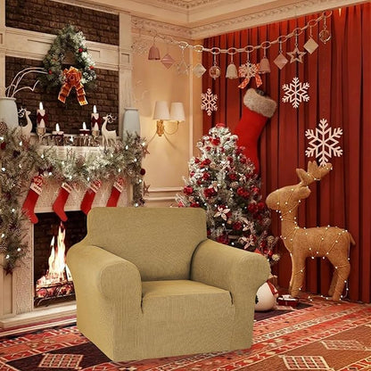 KEKUOU Stretch Single Sofa Slipcover 1 Piece Couch Sofa Cover (31"-55") Furniture Protector 1 Seater Sofa with Elastic Bottom for Kids,Pet.Jacquard Small Checked Pattern Fabric(Small,Tan)