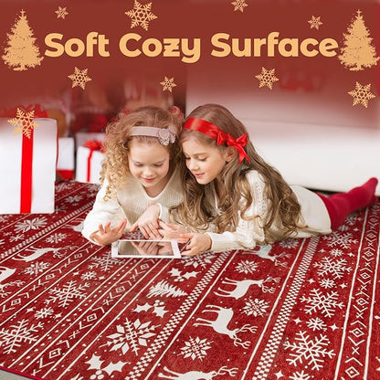 Christmas Rug 8x10 Washable Rugs, Boho Christmas Tree Snowflake Rug Non-Slip Soft Low Pile Non Shedding Indoor Holiday Carpet for Living Room Bedroom Dining Room Home Office (XmasRed, 8'x10')