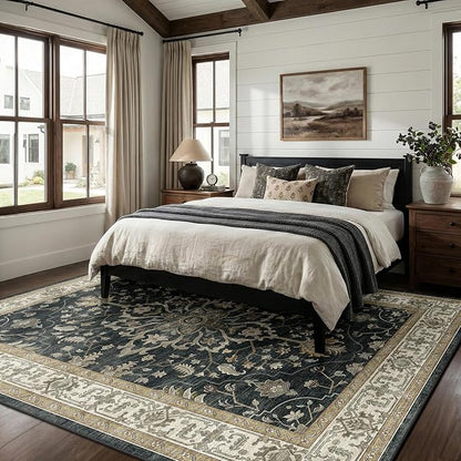 Area Rugs 8'x10' Washable Non-Slip, Floral Vintage Distress Print Pattern Medallion Carpet for Living Room Bedroom Dining Room, Vintage Black Brown Neutral