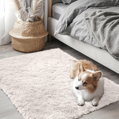 OLANLY 3x3 Machine Washable Small Bedside Rug, Soft Fluffy Shaggy Entryway Throw Rugs for Bedroom, Living Room, Indoor Floor Carpet for Kids Girls and Boys, Nursery Rooms, Home Decor Aesthetic, Ivory