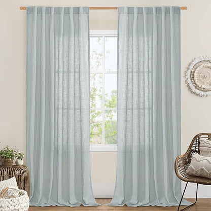 LAMIT 102 Inch Length Light Filtering Sheer Linen Curtains, Linen Textured Semi Sheer Back Tab and Rod Pocket Natural Boho Drapes for Living Room/Farmhouse, 2 Panels, Greyish Blue, 52 x 102 Inch