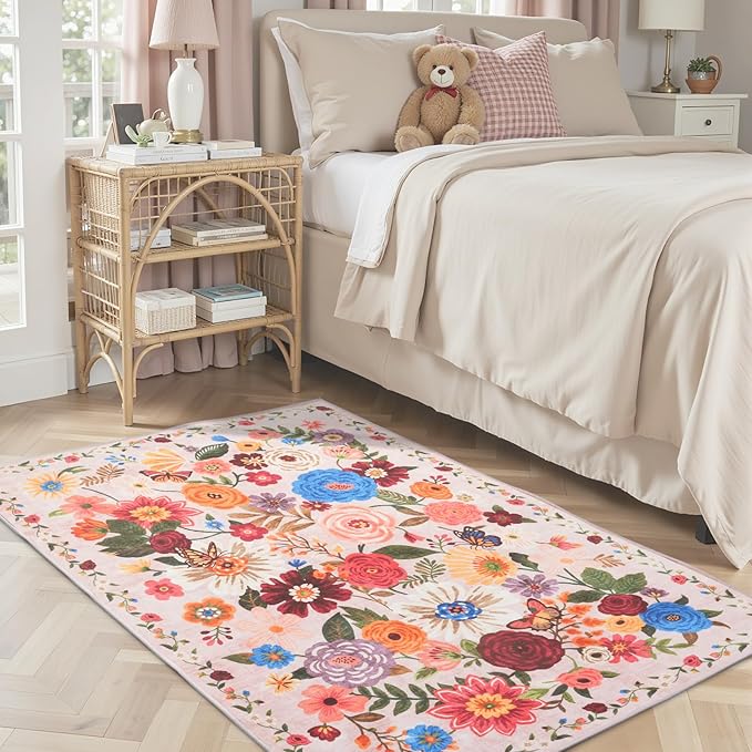 Pink Area Rug 4x6 Rug Washable Boho Rugs Non Slip Low Pile Floral Small Carpet for Bedroom, Bedside, Kids Room, Office, Dining Room(Light Pink, 4 x 6)