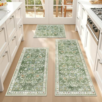 Yamaziot Washable Kitchen Rug Set of 3 – Non Slip Boho Floral Hallway Runner Rug with Rubber Backing, Low Pile Kitchen Mats for Floor, Laundry, Desk (2x3+2x4+2x5,Green)