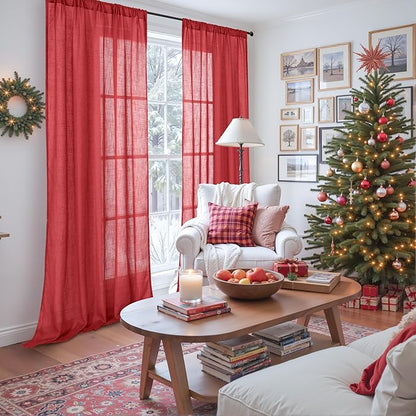 BGment Red Linen Semi Sheer Curtains for Living Room - Light Filtering Window Drapes with Rod Pocket for Dining Bedroom Lightweight, 2 Panels Set, 52 X 80 Inch
