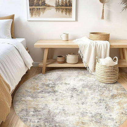 UERMEI 8ft Round Area Rug Living Room Rugs - 8x8 Washable Neutral Modern Abstract Soft Thin Rug Indoor Floor No Slip Rug Carpet for Bedroom Under Dining Table Home Office Decor - Golden Grey