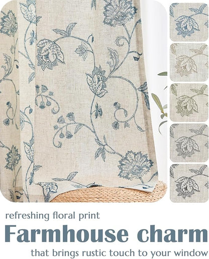 jinchan Linen Curtains Floral Curtains 96 Inch Length for Living Room Bedroom Light Filtering Rod Pocket Back Tab Jacobean Curtains Flax Linen Texture Window Drapes Set 2 Panels Blue on Linen
