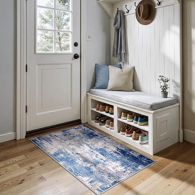 Washable Area Rugs 3x4 Non-Slip Modern Abstract Soft for Living Room Entryway Bedroom Nursery, Print Pattern, Blue Grey Navy Gray