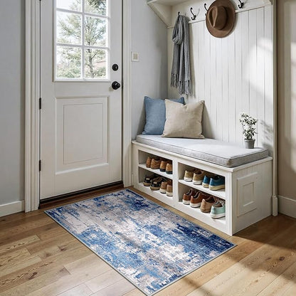 Washable Area Rugs 3x4 Non-Slip Modern Abstract Soft for Living Room Entryway Bedroom Nursery, Print Pattern, Blue Grey Navy Gray