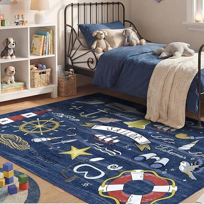 OPPODREAM Nautical Soft Area Rugs 5x7, Washable Dark Blue Rug with Non Slip Backing, 5 x 7 Faux Cashmere Low-Pile 5x7 Carpet