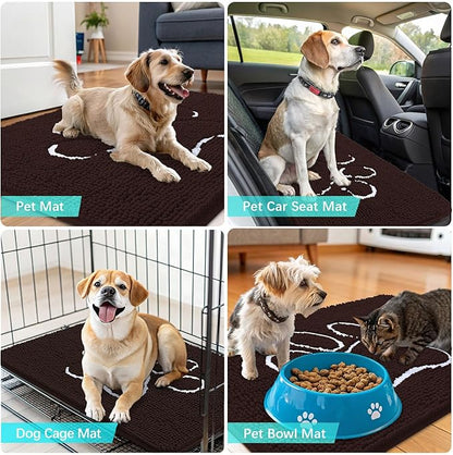 OLANLY Dog Door Mat for Muddy Paws 59x35, Paw Print Design, Absorbs Moisture and Dirt, Absorbent Non-Slip Washable Doormat, Quick Dry Chenille Mud Mat for Dogs, Entry Indoor Entryway Carpet, Brown