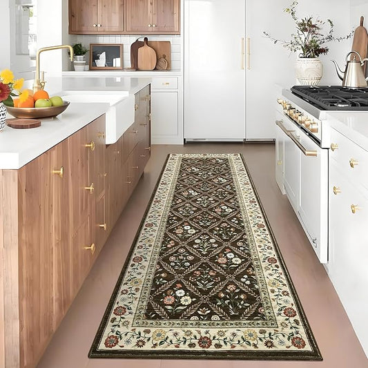 Runner Rug for Hallway Entryway 2.5x8 Farmhouse Floral Non-Slip Machine Washable Kitchen Rug Runner Non-Shedding Low-Pile Soft Long Carpet for Entrance Laundry Room Brown