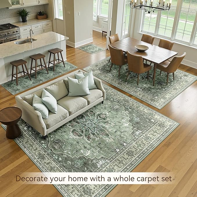 Area Rugs 2'x8' Runner Rug Non Slip Washable for Kitchen Hallway Bedroom Beside Laundry Room Bathroom Rug, Floor Carpet, Dark Green Gray