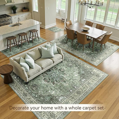 Area Rugs 4'x6' Washable Non-Slip, Floral Vintage Distress Print Pattern Medallion Carpet for Living Room Bedroom Dining Room, Dark Green Gray