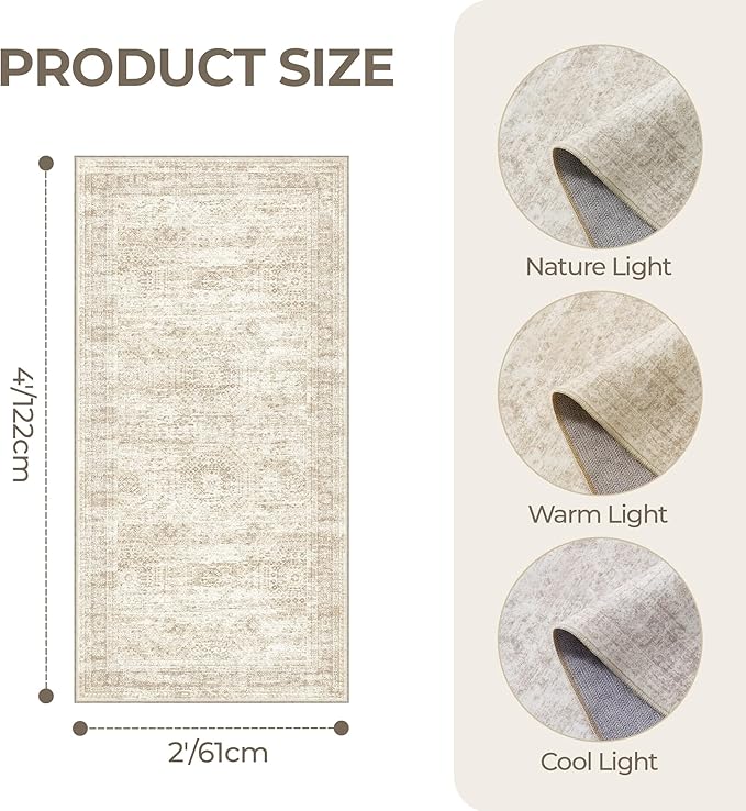 2x4 Washable Rug Runner for Bathroom, Soft Entryway Rug for Laundry Room, Kitchen, Vintage Abstract Hallway Runner for Bedroom, Anti-Slip Door Mat Indoor Entrance(2'x4', Beige/Ivory)