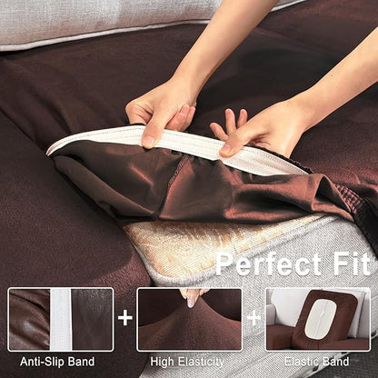 Leather Look Couch Cushion Covers Sofa Seat Slipcovers Sets Couches Furniture Protector for Sectional Armchair Loveseat Pets Kids Stretch Spandex Fabric (3 Cushion Sofa, Chocolate)