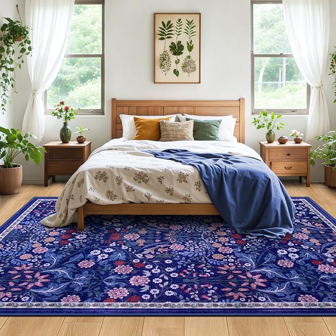 Area Rug Living Room Rugs: Floral 5x7 Washable Rug Vintage Soft Boho Non-Slip Carpet Indoor Floor Stain Resistant Large Carpets for Bedroom Dining Room Farmhouse Nursery Hallway Home Office Blue