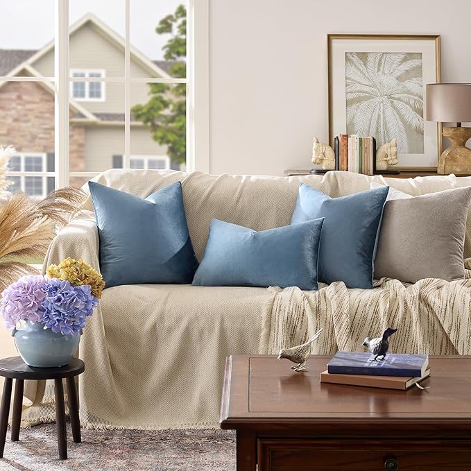 GIGIZAZA Decorative Couch Throw Pillow Covers,Set of 2 Stone Blue Square Pillow Cushion Covers 22x22,Pillow Cases Velvet Pillow Covers