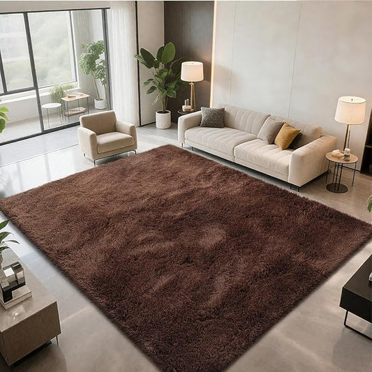Shag Area Rugs for Bedroom Living Room,8X10 Ultra Soft Fluffy Area Rugs for Dorm, Indoor Carpet Nursery Rugs for Kids Girls Room Home Decor,Brown