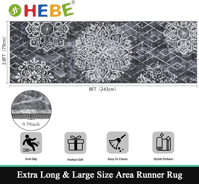 HEBE Hallway Runner Rug 2'8''x8' Washable Vintage Distressed Area Rugs Non Slip Laundry Rug Runner Boho Floor Carpet Runners for Hallways Entryway Laundry Room Kitchen Bathroom