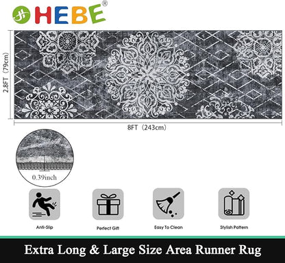 HEBE Hallway Runner Rug 2'8''x8' Washable Vintage Distressed Area Rugs Non Slip Laundry Rug Runner Boho Floor Carpet Runners for Hallways Entryway Laundry Room Kitchen Bathroom