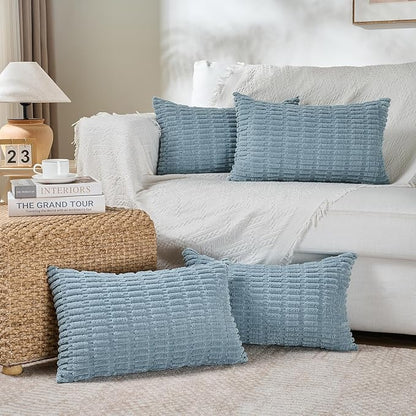 Fancy Homi 4 Packs Boho Light Blue Decorative Throw Pillow Covers 14x24 Inch for Couch Bed Sofa, Rustic Modern Farmhouse Home Decor, Soft Plush Corduroy Cute Rectangle Cushion Case 35x60 cm