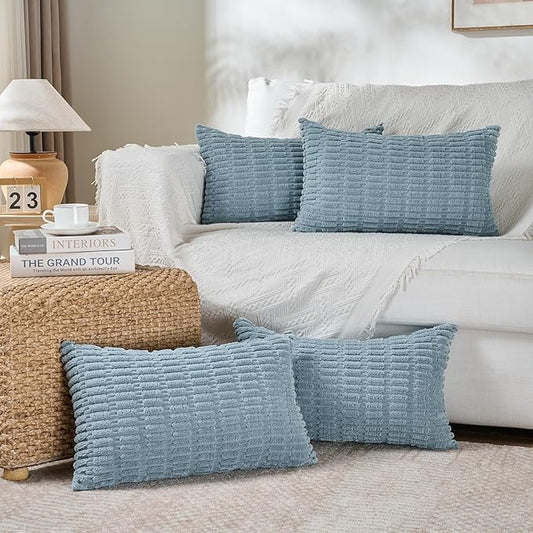 Fancy Homi 4 Packs Boho Light Blue Decorative Throw Pillow Covers 14x24 Inch for Couch Bed Sofa, Rustic Modern Farmhouse Home Decor, Soft Plush Corduroy Cute Rectangle Cushion Case 35x60 cm