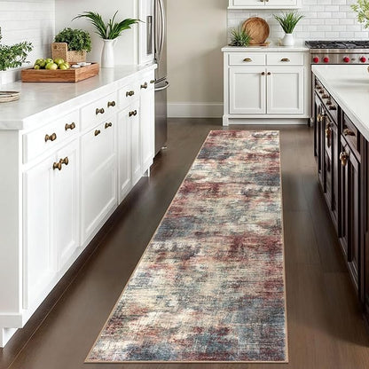 IOHOUZE Abstract Runner Rug 2x10 Ft Washable Runners for Hallways, Non Slip Kitchen Runner Printed Faux Wool Entryway Runner Indoor, Modern Abstract Floor Carpet for Hall Kitchen, Red/Multi
