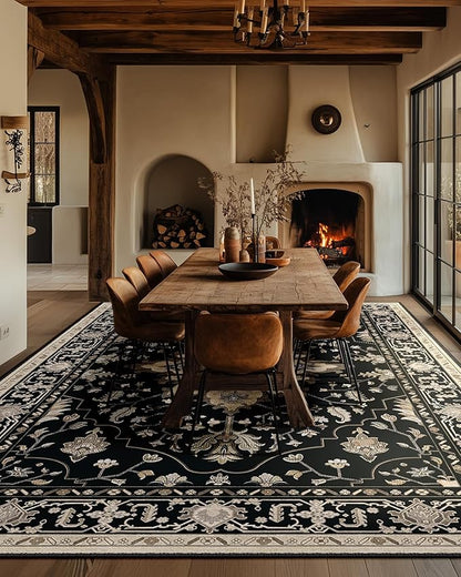 Area Rugs 6'x9' Washable Non-Slip, Floral Vintage Distress Print Pattern Medallion Carpet for Living Room Bedroom Dining Room, Black Brown Neutral Dark Tan