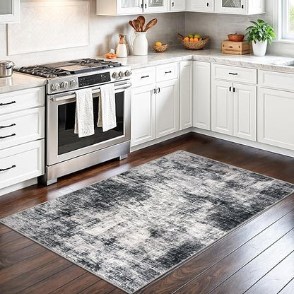 IOHOUZE Abstract Area Rug 3x5 Ft Washable Rugs for Entryway Indoor, Non Slip Kitchen Rug Printed Faux Wool Throw Rugs, Indoor Door Mat for Door Entrance Foyer Living Room, Black Grey