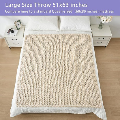 Bigacogo Chunky Knit Throw Blanket for Couch, 51x63 inches, 100% Hand Knitted with Thick Jumbo Chenille Yarn, Cozy Soft Large Rope Knot Cable Crochet Blankets for Sofa Bed Living Room, Beige