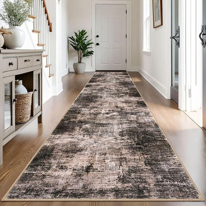 IOHOUZE Abstract Runner Rug 3x14 Ft Washable Runners for Hallways, Non Slip Kitchen Runner Printed Faux Wool Entryway Runner Indoor, Modern Abstract Floor Carpet for Hall Stair, Brown/Rust
