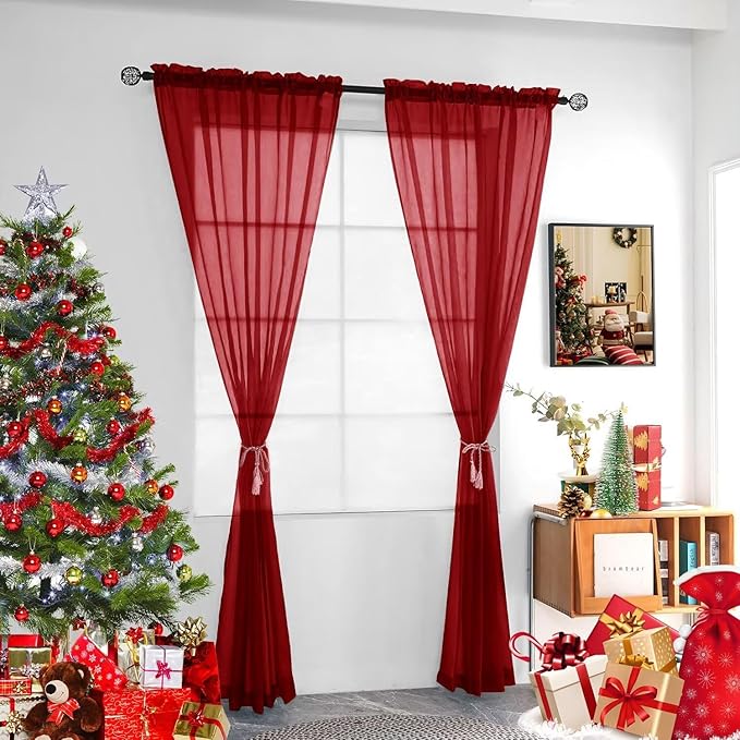 youleyar Solid Sheer Rod Pocket Curtain Voile Draperies 4 Panels White Beige Black Grey Ivory 52 Inch Width 45 Inch Long 1 Pair for Kitchen Bedroom Children Living Room Yard(Christmas Red,52 Wｘ45 L)