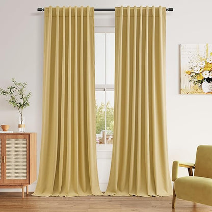 Guken 100% Blackout Curtains 120 Inch Length 2 Panels Set for Living Room Bedroom Back Tab Thermal Insulated Black Out Linen Drapes Room Darkening Window Curtains Gold Yellow 52x120
