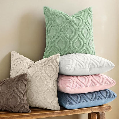 decorUhome Throw Pillow Covers 18x18 Inch Set of 2, Soft Plush Faux Wool Sage Green Solid Couch Pillow Covers, Accent Farmhouse Neutral Square Pillow Cases for Sofa Bed Living Room