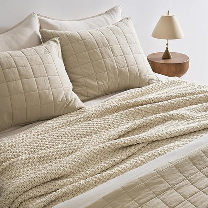 EVERGRACEHOME Chunky Chenille Knit Throw Blanket for Couch, Soft Luxurious Oversized King Moss Stitch Blanket for Bed, Large Cozy Farmhouse Knitted Throw for Sofa, Beige, 92" x 108"