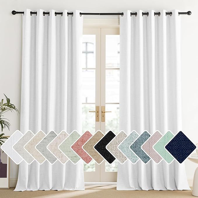 NICETOWN 100% Absolutely Blackout Linen Curtains with Thermal Insulated Liner, Greyish White, 62" Wide, 84" Length Energy Saving Curtains for Living Room 2 Panels Set, Vertical Blinds