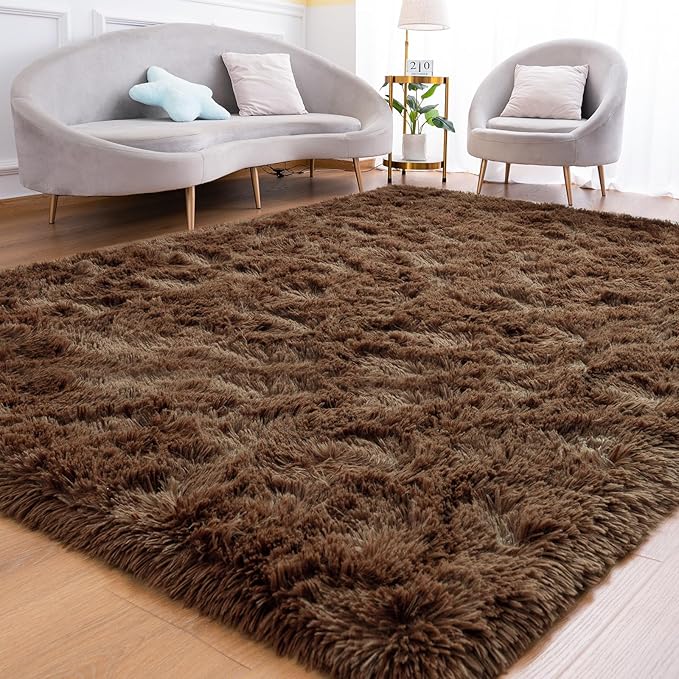 Goideal Fluffy Rug for Bedroom Living Room, 5x7 Brown Area Rugs, Faux Fur Shag Modern Carpet Ultra Soft Girls Boys Room Home Decor, Solid
