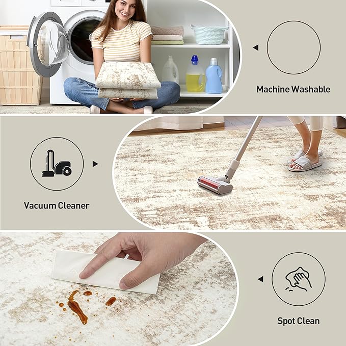 9x12 Area Rugs Washable Rug: Modern Abstract Living Room Rug Soft Anti-Skid Thin Carpet Indoor Floor Non-Shedding Carpets for Bedroom Dining Room Farmhouse Nursery Home Office Beige Grey