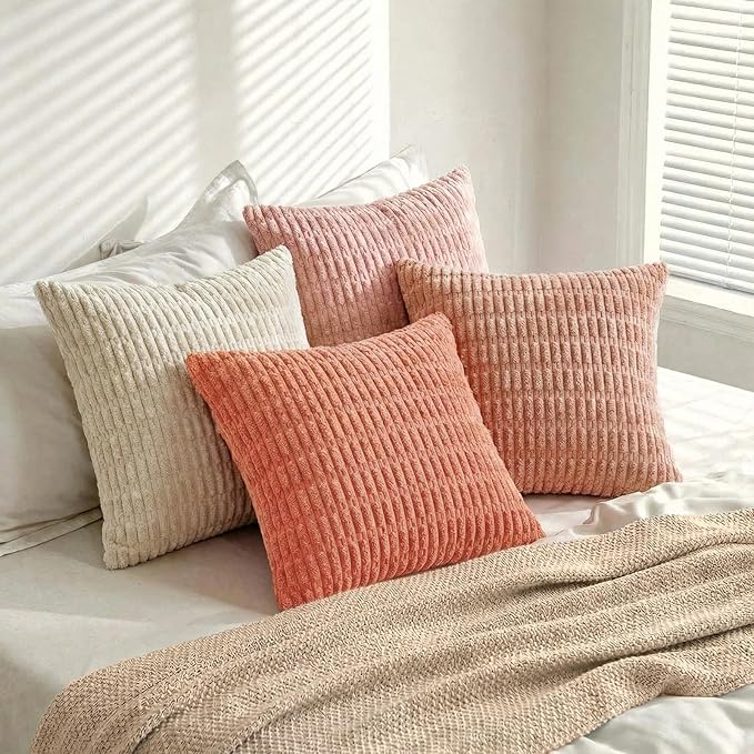 Fancy Homi 4 Packs Blush Pink Decorative Throw Pillow Covers 18x18 Inch for Living Room Couch Bed Sofa, Soft Plush Striped Corduroy Square Light Pink Coral Peach Cream Colorful Cushion Case 45x45 cm