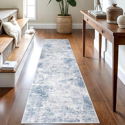 IOHOUZE Abstract Runner Rug 2x8 Ft Washable Runners for Hallways, Non Slip Kitchen Runner Printed Faux Wool Entryway Runner Indoor, Modern Floor Carpet for Hall Kitchen Bedroom, Light Blue Grey