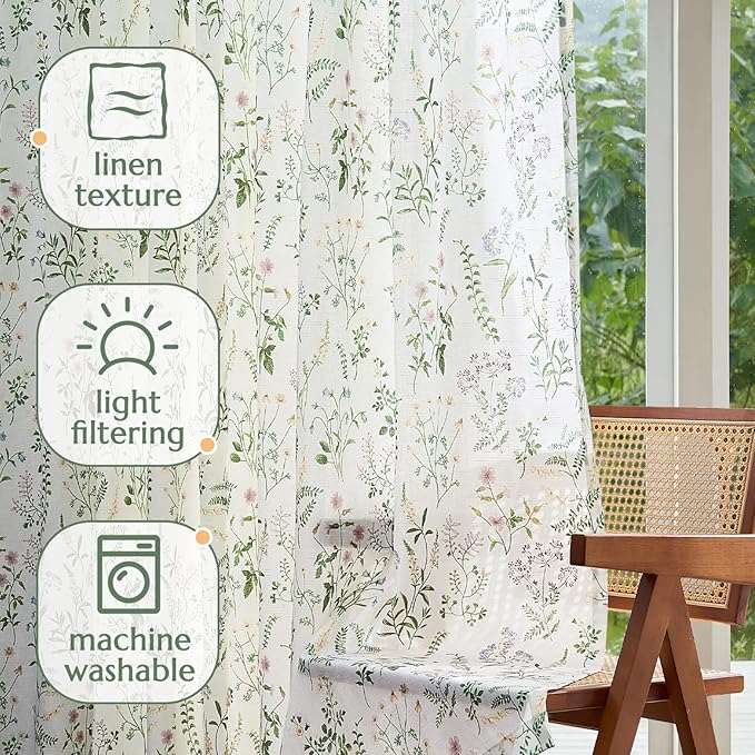 jinchan Floral Linen Blend Curtains for Living Room 63 Inch Length French Country Farmhouse Printed Curtains Sage Green on White Rod Pocket Back Tab Light Filtering Window Drapes 2 Panels